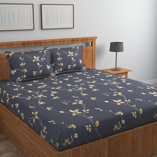 Pure Cotton Double Bedsheet Set – 90x90 Inches, Ultra Soft & Wrinkle-Free – 220 TC, Dark Grey Leaf Print with 2 Pillow Covers