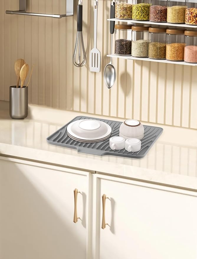 Premium Silicone Dish Drying Mat – Heat-Resistant, Non-Slip Grey Tray with Raised Edges – 15.8 x 13" Countertop Protector – Anti-Spill, Easy-Clean Kitchen Accessory