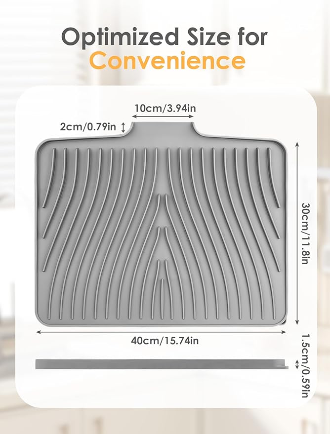 Premium Silicone Dish Drying Mat – Heat-Resistant, Non-Slip Grey Tray with Raised Edges – 15.8 x 13" Countertop Protector – Anti-Spill, Easy-Clean Kitchen Accessory