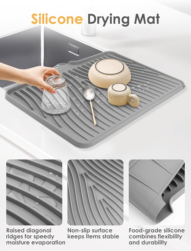 Premium Silicone Dish Drying Mat – Heat-Resistant, Non-Slip Grey Tray with Raised Edges – 15.8 x 13" Countertop Protector – Anti-Spill, Easy-Clean Kitchen Accessory