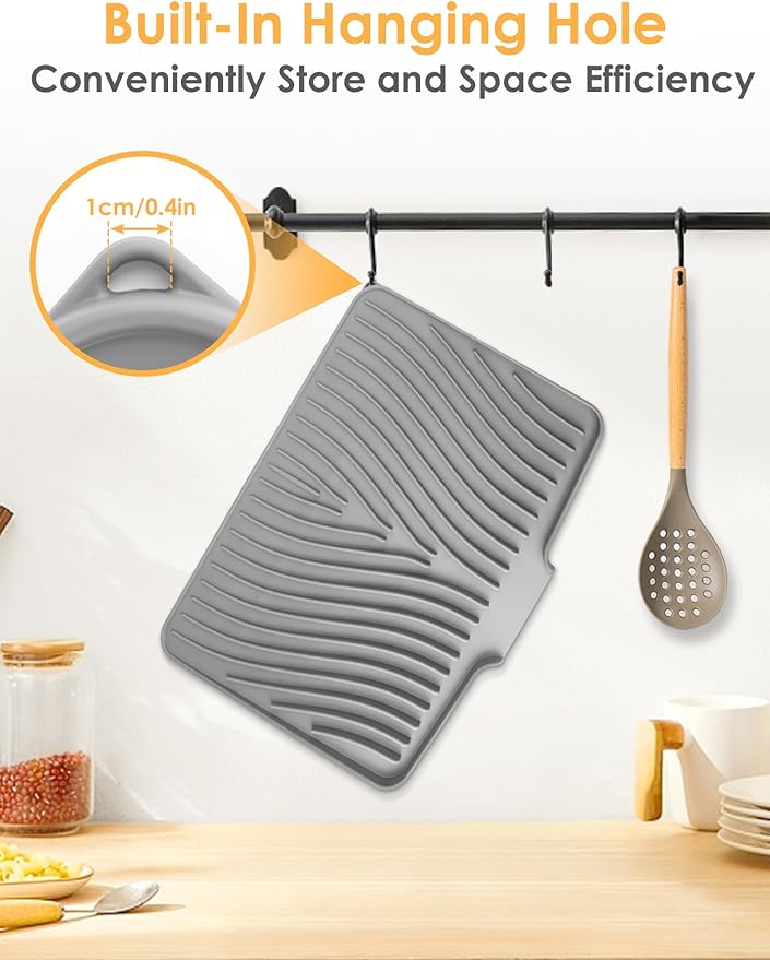 Premium Silicone Dish Drying Mat – Heat-Resistant, Non-Slip Grey Tray with Raised Edges – 15.8 x 13" Countertop Protector – Anti-Spill, Easy-Clean Kitchen Accessory