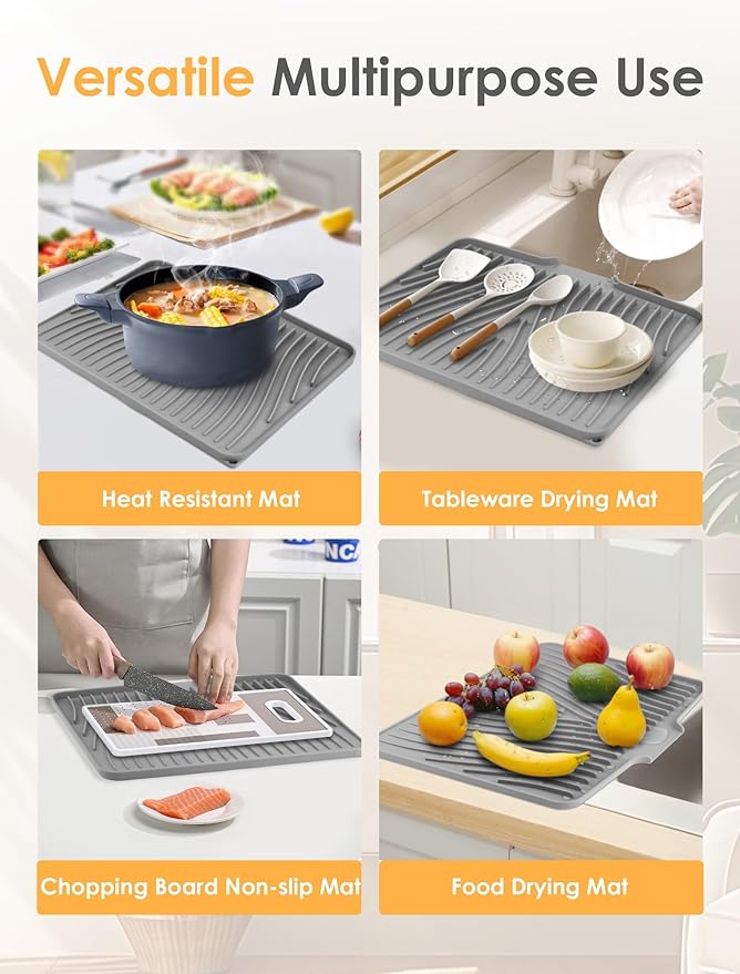 Premium Silicone Dish Drying Mat – Heat-Resistant, Non-Slip Grey Tray with Raised Edges – 15.8 x 13" Countertop Protector – Anti-Spill, Easy-Clean Kitchen Accessory