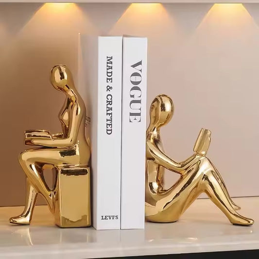 Golden Abstract Human Figurine Bookends – Modern Decorative Book Holder for Home & Office